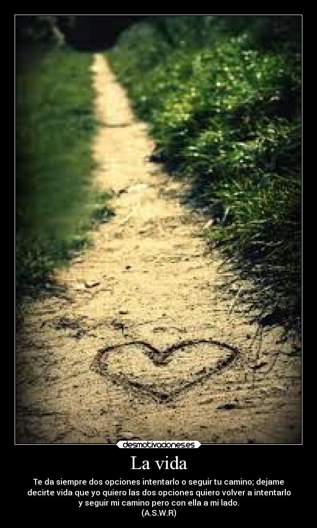 La vida - Te da siempre dos opciones intentarlo o seguir tu camino; dejame
decirte vida que yo quiero las dos opciones quiero volver a intentarlo
y seguir mi camino pero con ella a mi lado.
(A.S.W.R)