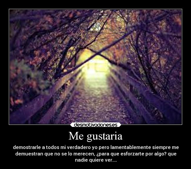 Me gustaria - demostrarle a todos mi verdadero yo pero lamentablemente siempre me
demuestran que no se lo merecen, ¿para que esforzarte por algo? que
nadie quiere ver....