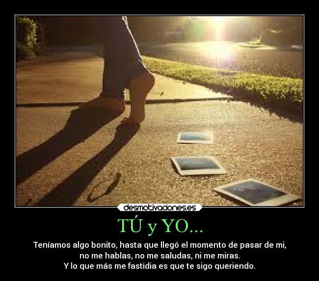 TÚ y YO... - Teníamos algo bonito, hasta que llegó el momento de pasar de mi,
no me hablas, no me saludas, ni me miras.
Y lo que más me fastidia es que te sigo queriendo.