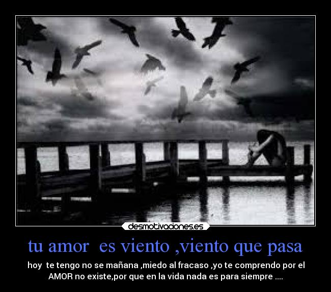 tu amor  es viento ,viento que pasa - hoy  te tengo no se mañana ,miedo al fracaso ,yo te comprendo por el
AMOR no existe,por que en la vida nada es para siempre ....