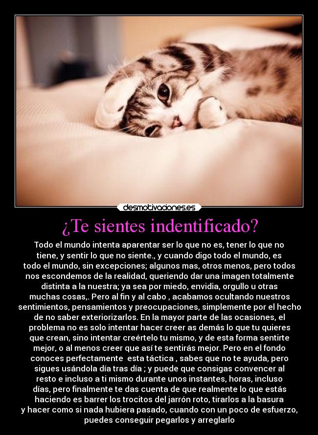 ¿Te sientes indentificado? - Todo el mundo intenta aparentar ser lo que no es, tener lo que no
tiene, y sentir lo que no siente., y cuando digo todo el mundo, es
todo el mundo, sin excepciones; algunos mas, otros menos, pero todos
nos escondemos de la realidad, queriendo dar una imagen totalmente
distinta a la nuestra; ya sea por miedo, envidia, orgullo u otras
muchas cosas,. Pero al fin y al cabo , acabamos ocultando nuestros
sentimientos, pensamientos y preocupaciones, simplemente por el hecho
de no saber exteriorizarlos. En la mayor parte de las ocasiones, el
problema no es solo intentar hacer creer as demás lo que tu quieres
que crean, sino intentar creértelo tu mismo, y de esta forma sentirte
mejor, o al menos creer que así te sentirás mejor. Pero en el fondo
conoces perfectamente esta táctica , sabes que no te ayuda, pero
sigues usándola día tras día ; y puede que consigas convencer al
resto e incluso a ti mismo durante unos instantes, horas, incluso
días, pero finalmente te das cuenta de que realmente lo que estás
haciendo es barrer los trocitos del jarrón roto, tirarlos a la basura
y hacer como si nada hubiera pasado, cuando con un poco de esfuerzo,
puedes conseguir pegarlos y arreglarlo