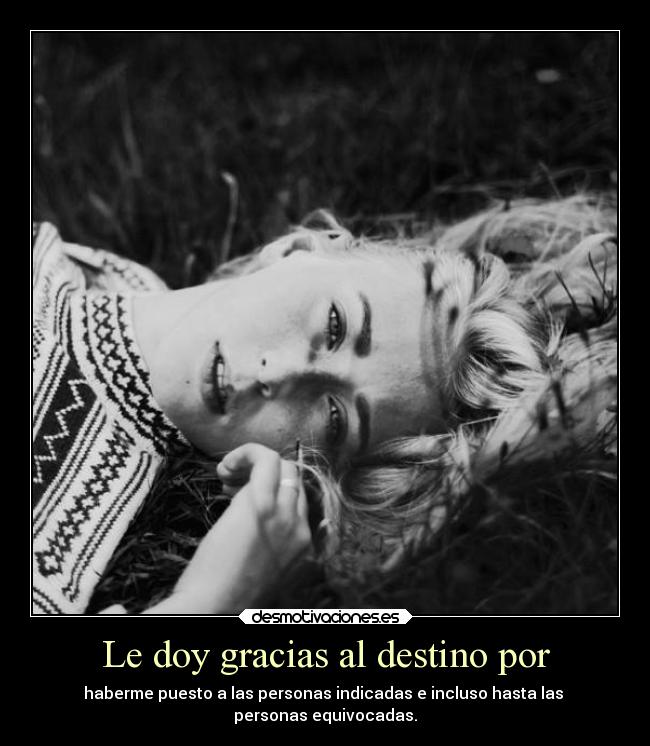 Le doy gracias al destino por - haberme puesto a las personas indicadas e incluso hasta las 
personas equivocadas.