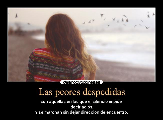 Las peores despedidas - son aquellas en las que el silencio impide
decir adiós.
Y se marchan sin dejar dirección de encuentro.