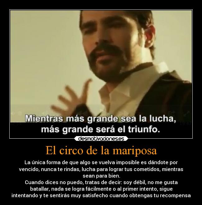 El circo de la mariposa - La única forma de que algo se vuelva imposible es dándote por
vencido, nunca te rindas, lucha para lograr tus cometidos, mientras
sean para bien.
Cuando dices no puedo, tratas de decir: soy débil, no me gusta
batallar, nada se logra fácilmente o al primer intento, sigue
intentando y te sentirás muy satisfecho cuando obtengas tu recompensa