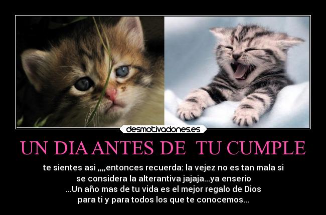 UN DIA ANTES DE TU CUMPLE - te sientes asi ,,,,entonces recuerda: la vejez no es tan mala si
se considera la alterantiva jajaja...ya enserio
...Un año mas de tu vida es el mejor regalo de Dios
para ti y para todos los que te conocemos...