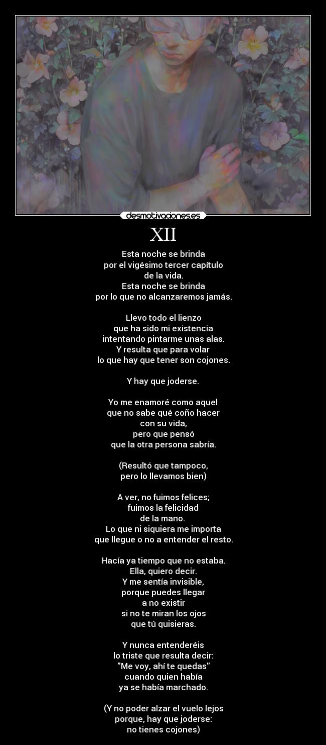 XII - Esta noche se brinda
por el vigésimo tercer capítulo
de la vida.
Esta noche se brinda
por lo que no alcanzaremos jamás.
Llevo todo el lienzo
que ha sido mi existencia
intentando pintarme unas alas.
Y resulta que para volar
lo que hay que tener son cojones.
Y hay que joderse.
Yo me enamoré como aquel
que no sabe qué coño hacer
con su vida,
pero que pensó
que la otra persona sabría.
(Resultó que tampoco,
pero lo llevamos bien)
A ver, no fuimos felices;
fuimos la felicidad
de la mano.
Lo que ni siquiera me importa
que llegue o no a entender el resto.
Hacía ya tiempo que no estaba.
Ella, quiero decir.
Y me sentía invisible,
porque puedes llegar
a no existir
si no te miran los ojos
que tú quisieras.
Y nunca entenderéis
lo triste que resulta decir:
Me voy, ahí te quedas
cuando quien había
ya se había marchado.
(Y no poder alzar el vuelo lejos
porque, hay que joderse:
no tienes cojones)