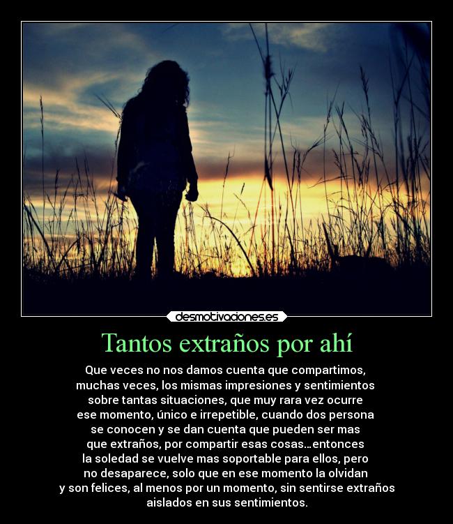 Tantos extraños por ahí - Que veces no nos damos cuenta que compartimos,
muchas veces, los mismas impresiones y sentimientos
sobre tantas situaciones, que muy rara vez ocurre
ese momento, único e irrepetible, cuando dos persona
se conocen y se dan cuenta que pueden ser mas
que extraños, por compartir esas cosas…entonces
la soledad se vuelve mas soportable para ellos, pero
no desaparece, solo que en ese momento la olvidan
y son felices, al menos por un momento, sin sentirse extraños
aislados en sus sentimientos.