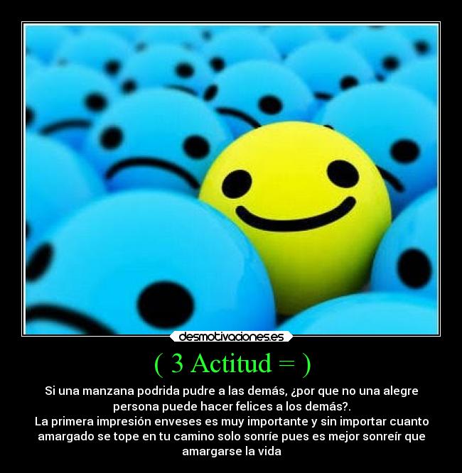( 3 Actitud = ) - Si una manzana podrida pudre a las demás, ¿por que no una alegre
persona puede hacer felices a los demás?.
La primera impresión enveses es muy importante y sin importar cuanto
amargado se tope en tu camino solo sonríe pues es mejor sonreír que
amargarse la vida