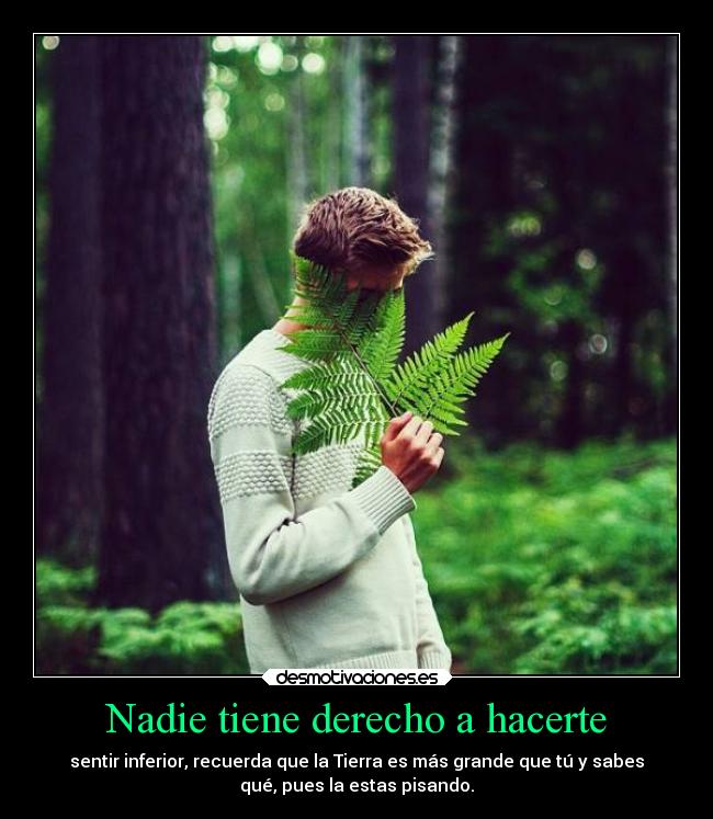 Nadie tiene derecho a hacerte - sentir inferior, recuerda que la Tierra es más grande que tú y sabes
qué, pues la estas pisando.
