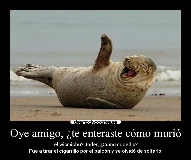 Oye amigo, ¿te enteraste cómo murió - el wismichu? Joder, ¿Cómo sucedió?
Fue a tirar el cigarrillo por el balcón y se olvidó de soltarlo.