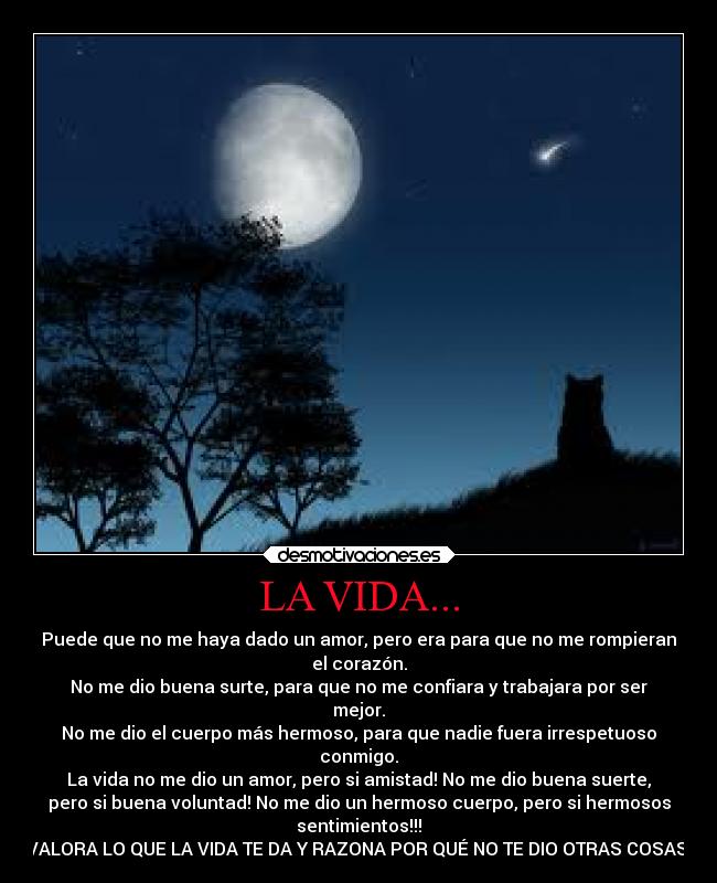 LA VIDA... - Puede que no me haya dado un amor, pero era para que no me rompieran
el corazón.
No me dio buena surte, para que no me confiara y trabajara por ser
mejor.
No me dio el cuerpo más hermoso, para que nadie fuera irrespetuoso
conmigo.
La vida no me dio un amor, pero si amistad! No me dio buena suerte,
pero si buena voluntad! No me dio un hermoso cuerpo, pero si hermosos
sentimientos!!!
VALORA LO QUE LA VIDA TE DA Y RAZONA POR QUÉ NO TE DIO OTRAS COSAS!