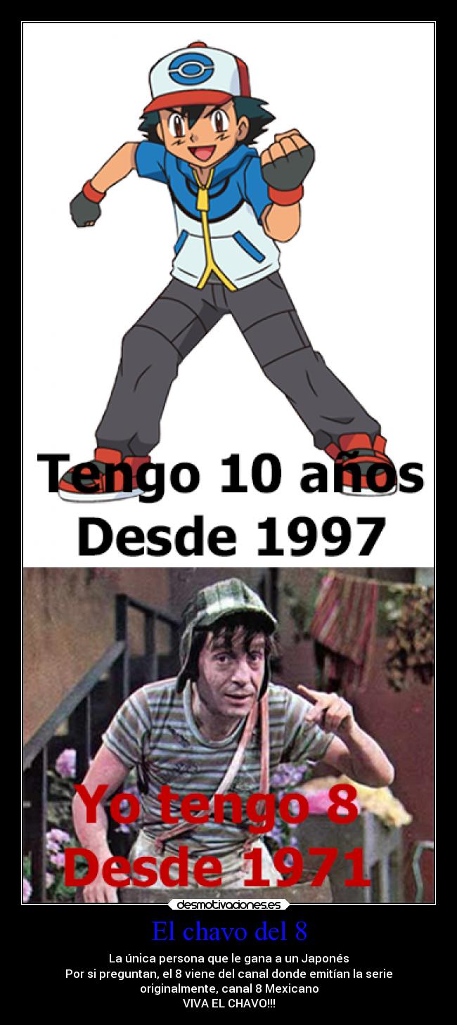 El chavo del 8 - La única persona que le gana a un Japonés
Por si preguntan, el 8 viene del canal donde emitían la serie
originalmente, canal 8 Mexicano
VIVA EL CHAVO!!!