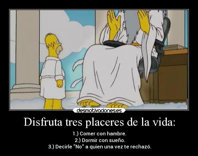 Disfruta tres placeres de la vida: - 1.) Comer con hambre.
2.) Dormir con sueño.
3.) Decirle No a quien una vez te rechazó.