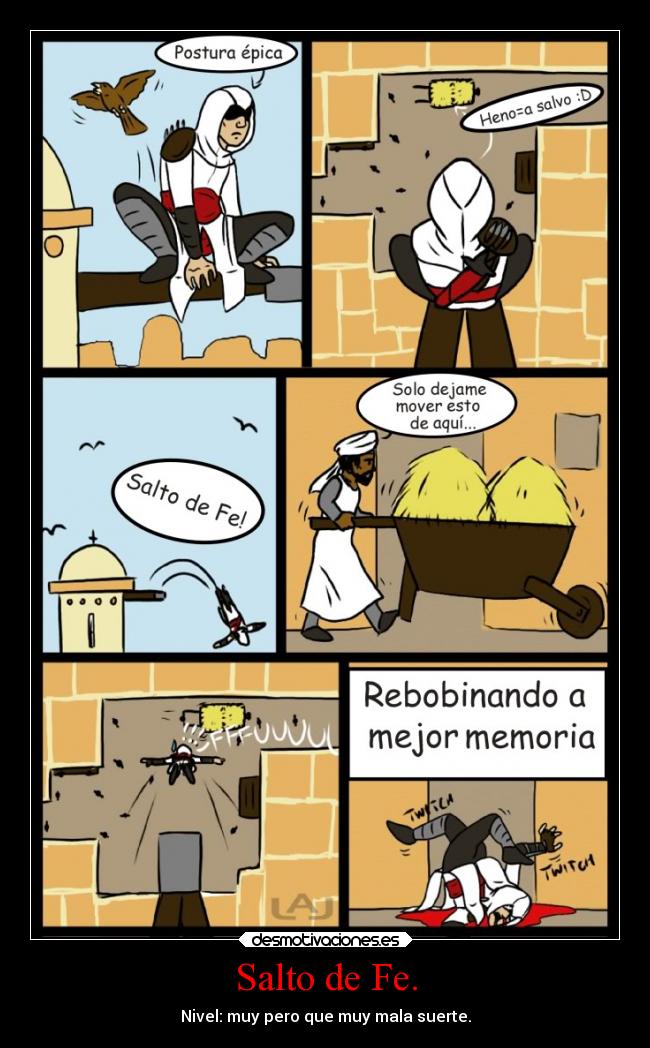 carteles videojuegos humor parodia assassins creed altair despeno salto desmotivaciones