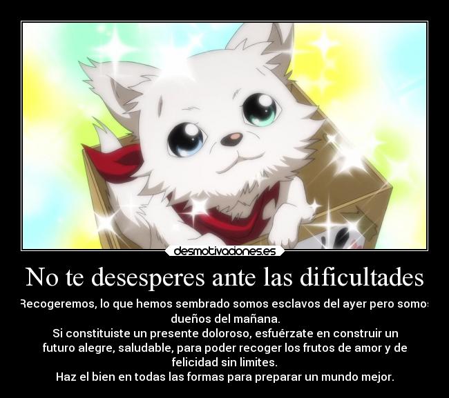 No te desesperes ante las dificultades - Recogeremos, lo que hemos sembrado somos esclavos del ayer pero somos
dueños del mañana.
Si constituiste un presente doloroso, esfuérzate en construir un
futuro alegre, saludable, para poder recoger los frutos de amor y de
felicidad sin limites.
Haz el bien en todas las formas para preparar un mundo mejor.