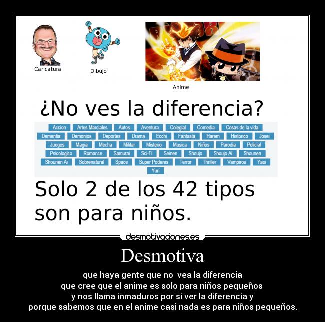 Desmotiva - que haya gente que no vea la diferencia
que cree que el anime es solo para niños pequeños
y nos llama inmaduros por si ver la diferencia y
porque sabemos que en el anime casi nada es para niños pequeños.