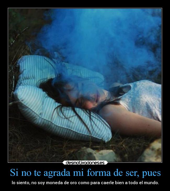 Si no te agrada mi forma de ser, pues - lo siento, no soy moneda de oro como para caerle bien a todo el mundo.