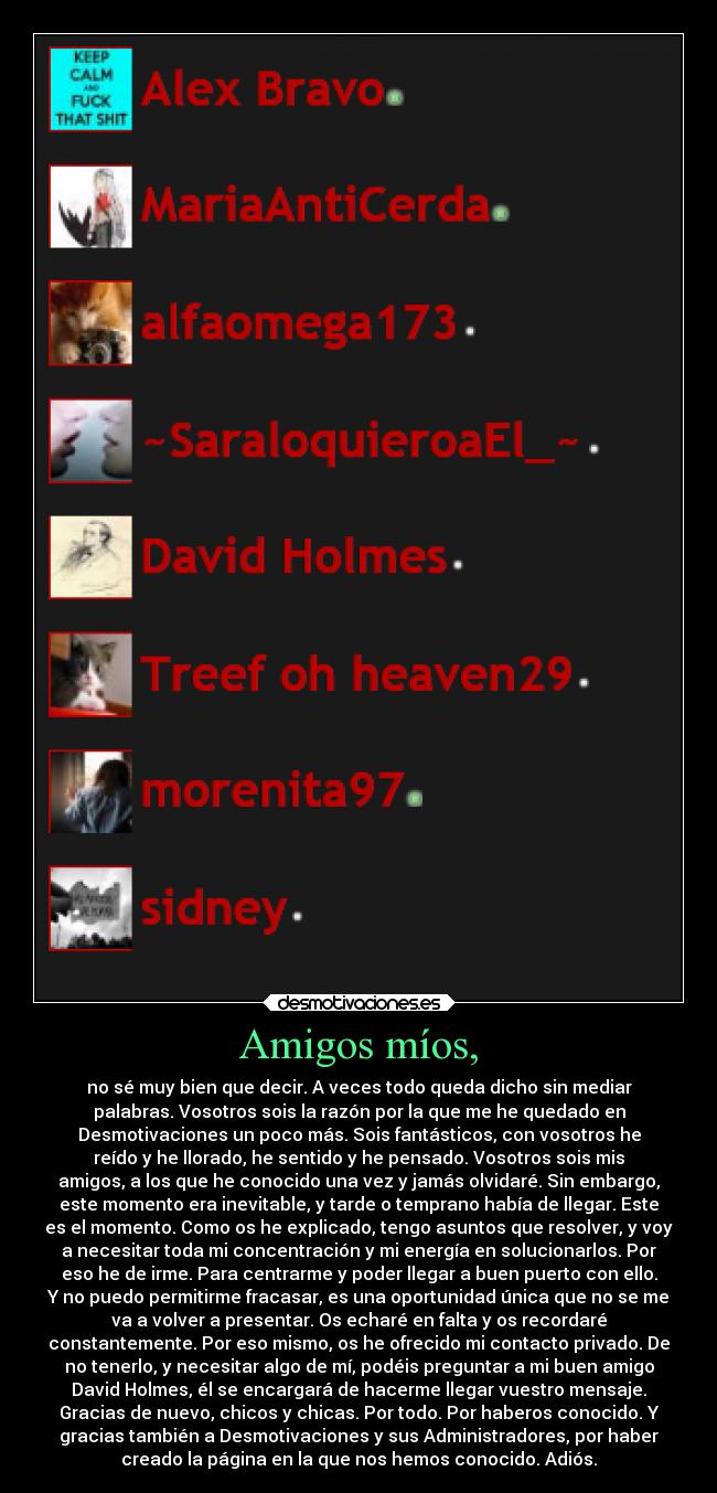 Amigos míos, - no sé muy bien que decir. A veces todo queda dicho sin mediar
palabras. Vosotros sois la razón por la que me he quedado en
Desmotivaciones un poco más. Sois fantásticos, con vosotros he
reído y he llorado, he sentido y he pensado. Vosotros sois mis
amigos, a los que he conocido una vez y jamás olvidaré. Sin embargo,
este momento era inevitable, y tarde o temprano había de llegar. Este
es el momento. Como os he explicado, tengo asuntos que resolver, y voy
a necesitar toda mi concentración y mi energía en solucionarlos. Por
eso he de irme. Para centrarme y poder llegar a buen puerto con ello.
Y no puedo permitirme fracasar, es una oportunidad única que no se me
va a volver a presentar. Os echaré en falta y os recordaré
constantemente. Por eso mismo, os he ofrecido mi contacto privado. De
no tenerlo, y necesitar algo de mí, podéis preguntar a mi buen amigo
David Holmes, él se encargará de hacerme llegar vuestro mensaje.
Gracias de nuevo, chicos y chicas. Por todo. Por haberos conocido. Y
gracias también a Desmotivaciones y sus Administradores, por haber
creado la página en la que nos hemos conocido. Adiós.