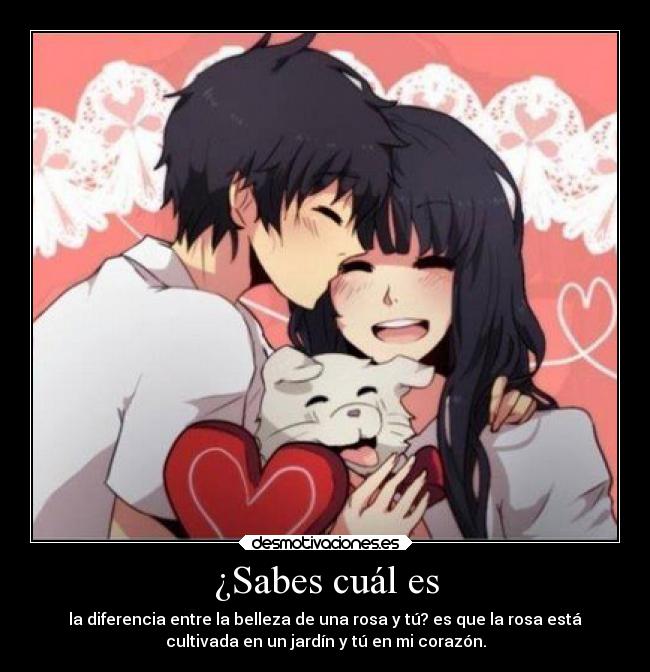 ¿Sabes cuál es - la diferencia entre la belleza de una rosa y tú? es que la rosa está
cultivada en un jardín y tú en mi corazón.