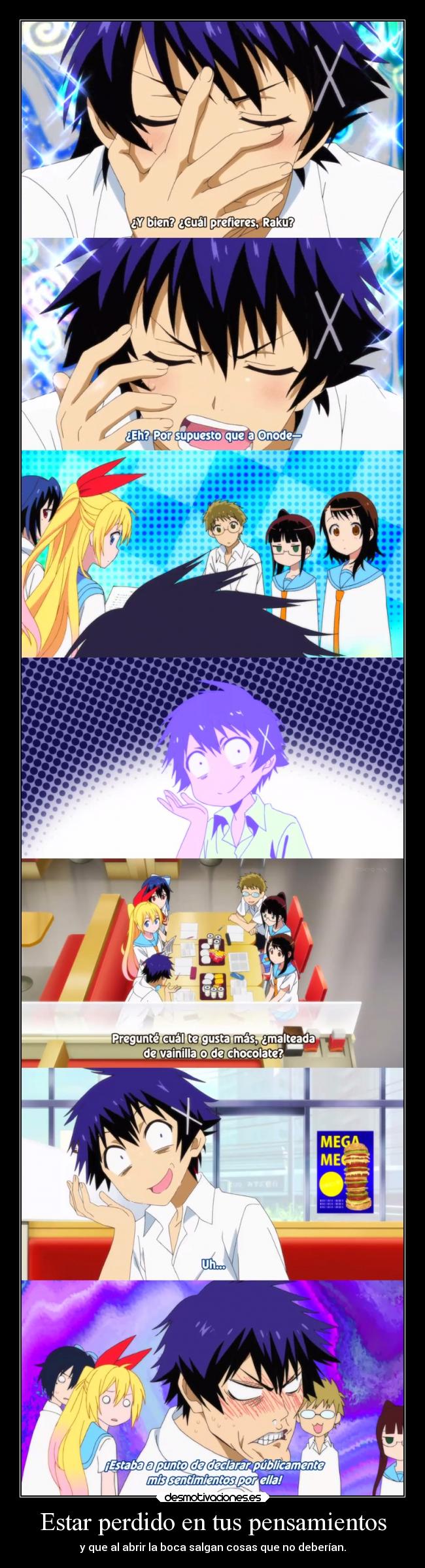 carteles pensamientos amor anime raptorhunters harukaze manga otaku nisekoi onodera palabras pensamientos kosaki ichijou desmotivaciones