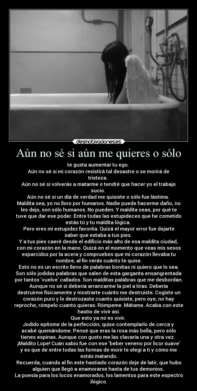 Aún no sé si aún me quieres o sólo - te gusta aumentar tu ego. 
Aún no sé si mi corazón resistirá tal desastre o se morirá de
tristeza. 
Aún no sé si volverás a matarme o tendré que hacer yo el trabajo
sucio. 
Aún no sé si un día de verdad me quisiste o sólo fue lástima. 
Maldita sea, yo no lloro por humanos. Nadie puede hacerme daño, no
les dejo, son sólo humanos. No pueden. Y maldita seas, por qué te
tuve que dar ese poder. Entre todas las estupideces que he cometido
estás tú y tu maldita lógica. 
Pero eres mi estupidez favorita. Quizá el mayor error fue dejarte
saber que estaba a tus pies. 
Y a tus pies caeré desde el edificio más alto de esa maldita ciudad,
con mi corazón en la mano. Quizá en el momento que veas mis sesos
esparcidos por la acera y compruebes que mi corazón llevaba tu
nombre, al fin verás cuánto te quise.
Esto no es un escrito lleno de palabras bonitas ni quiero que lo sea.
Son sólo jodidas palabras que salen de esta garganta ensangrentada
por tantos vuelve callados. Son malditas palabras que me desbordan.
Aunque no sé si debería arrancarme la piel a tiras. Debería
destruirme físicamente y mostrarte cuánto me destruiste. Cogiste un
corazón puro y lo destrozaste cuanto quisiste, pero oye, no hay
reproche, rómpelo cuanto quieras. Rómpeme. Mátame. Acaba con este
hastío de vivir así.
Que esto ya no es vivir. 
Jodido epítome de la perfección, quise contemplarlo de cerca y
acabé quemándome. Pensé que eras la rosa más bella, pero sólo
tienes espinas. Aunque con gusto me las clavaría una y otra vez. 
¡Maldito Lope! Cuán sabio fue con ese beber veneno por licor suave
y es que de entre todas las formas de morir te elegí a ti y cómo me
estás matando.
Recuerda, cuando al fin este hastiado corazón deje de latir, que hubo
alguien que llegó a enamorarse hasta de tus demonios. 
La poesía para los locos enamorados, los lamentos para este espectro
ilógico.