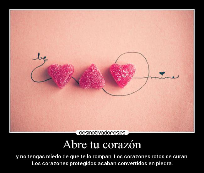 Abre tu corazón - y no tengas miedo de que te lo rompan. Los corazones rotos se curan.
Los corazones protegidos acaban convertidos en piedra.