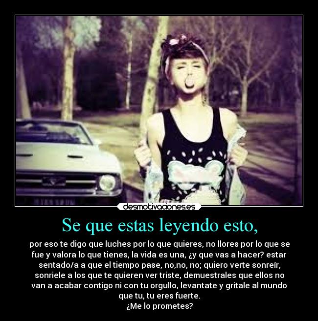 Se que estas leyendo esto, - por eso te digo que luches por lo que quieres, no llores por lo que se
fue y valora lo que tienes, la vida es una, ¿y que vas a hacer? estar
sentado/a a que el tiempo pase, no,no, no; quiero verte sonreír,
sonriele a los que te quieren ver triste, demuestrales que ellos no
van a acabar contigo ni con tu orgullo, levantate y gritale al mundo
que tu, tu eres fuerte.
¿Me lo prometes?