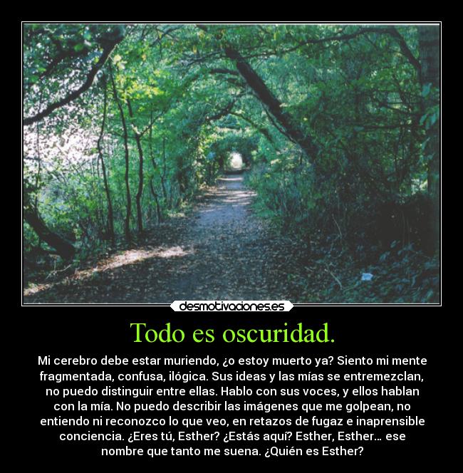 Todo es oscuridad. - Mi cerebro debe estar muriendo, ¿o estoy muerto ya? Siento mi mente
fragmentada, confusa, ilógica. Sus ideas y las mías se entremezclan,
no puedo distinguir entre ellas. Hablo con sus voces, y ellos hablan
con la mía. No puedo describir las imágenes que me golpean, no
entiendo ni reconozco lo que veo, en retazos de fugaz e inaprensible
conciencia. ¿Eres tú, Esther? ¿Estás aquí? Esther, Esther… ese
nombre que tanto me suena. ¿Quién es Esther?