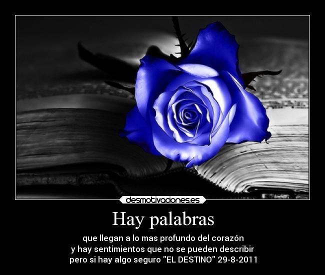 Hay palabras - que llegan a lo mas profundo del corazón
y hay sentimientos que no se pueden describir
pero si hay algo seguro EL DESTINO 29-8-2011