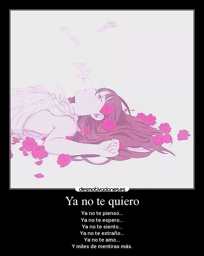 Ya no te quiero - Ya no te pienso...
Ya no te espero...
Ya no te siento...
Ya no te extraño...
Ya no te amo...
Y miles de mentiras más.
