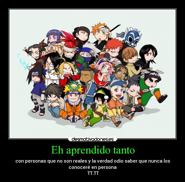 Eh aprendido tanto - con personas que no son reales y la verdad odio saber que nunca los
conoceré en persona
TT.TT