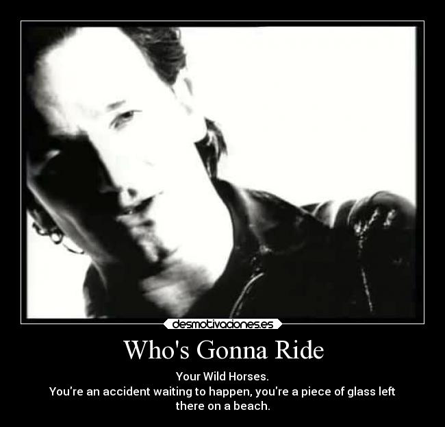 Whos Gonna Ride - Your Wild Horses.
Youre an accident waiting to happen, youre a piece of glass left
there on a beach.