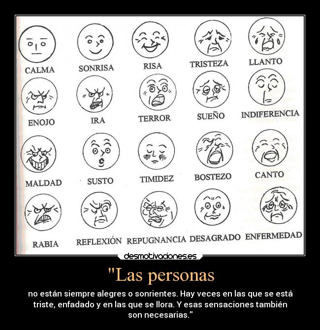 Las personas - no están siempre alegres o sonrientes. Hay veces en las que se está
triste, enfadado y en las que se llora. Y esas sensaciones también
son necesarias.
