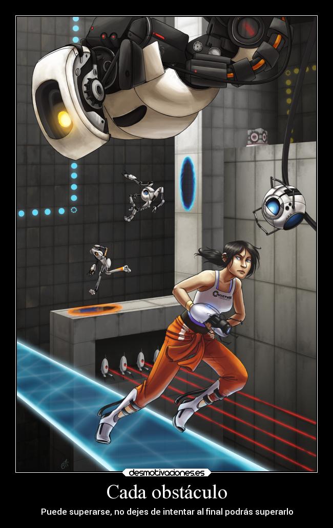 carteles videojuegos redgame portal obstaculo superar glados chell atlas azul pbody naranja whetley desmotivaciones