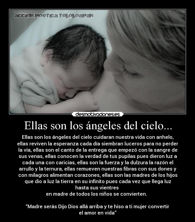 Ellas son los ángeles del cielo... - Ellas son los ángeles del cielo cuidaran nuestra vida con anhelo,
ellas reviven la esperanza cada día siembran luceros para no perder
la vía, ellas son el canto de la entrega que empezó con la sangre de
sus venas, ellas conocen la verdad de tus pupilas pues dieron luz a
cada una con caricias, ellas son la fuerza y la dulzura la razón el
arrullo y la ternura, ellas remueven nuestras fibras con sus dones y
con milagros alimentan corazones, ellas son las madres de los hijos
que dio a luz la tierra en su infinito pues cada vez que llega luz
hasta sus vientres 
en madre de todos los niños se convierten.  

“Madre serás Dijo Dios allá arriba y te hiso a ti mujer convertir
el amor en vida”