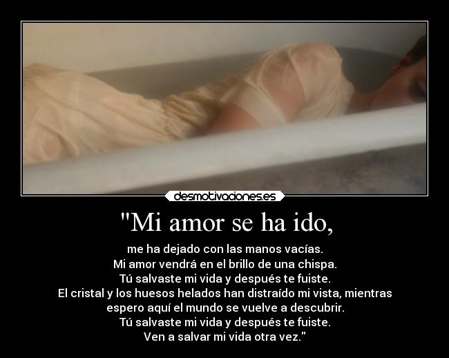 Mi amor se ha ido, - me ha dejado con las manos vacías.
Mi amor vendrá en el brillo de una chispa.
Tú salvaste mi vida y después te fuiste.
El cristal y los huesos helados han distraído mi vista, mientras
espero aquí el mundo se vuelve a descubrir.
Tú salvaste mi vida y después te fuiste.
Ven a salvar mi vida otra vez.