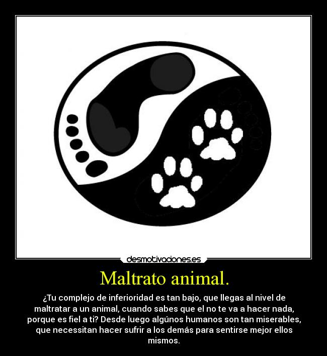 Maltrato animal. - ¿Tu complejo de inferioridad es tan bajo, que llegas al nivel de
maltratar a un animal, cuando sabes que el no te va a hacer nada,
porque es fiel a ti? Desde luego algúnos humanos son tan miserables,
que necessitan hacer sufrir a los demás para sentirse mejor ellos
mismos.