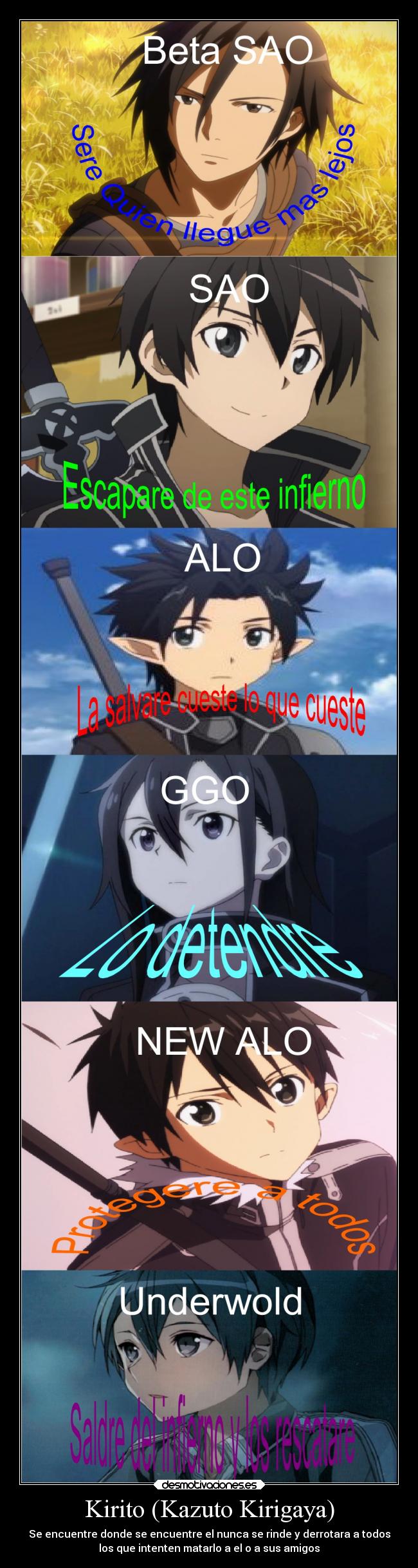 carteles anime kirito kazuto kirigaya sao sword art online ggo alo alfheim gun gale underwold desmotivaciones