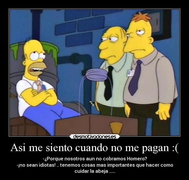 Asi me siento cuando no me pagan :( - -¿Porque nosotros aun no cobramos Homero?
-¡no sean idiotas! .. tenemos cosas mas importantes que hacer como
cuidar la abeja .....