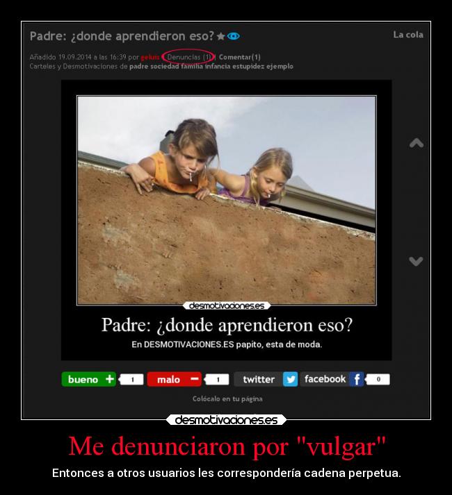 Me denunciaron por vulgar - Entonces a otros usuarios les correspondería cadena perpetua.