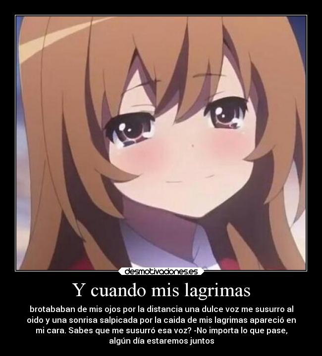 Y cuando mis lagrimas - brotababan de mis ojos por la distancia una dulce voz me susurro al
oido y una sonrisa salpicada por la caida de mis lagrimas apareció en
mi cara. Sabes que me susurró esa voz? -No importa lo que pase,
algún día estaremos juntos