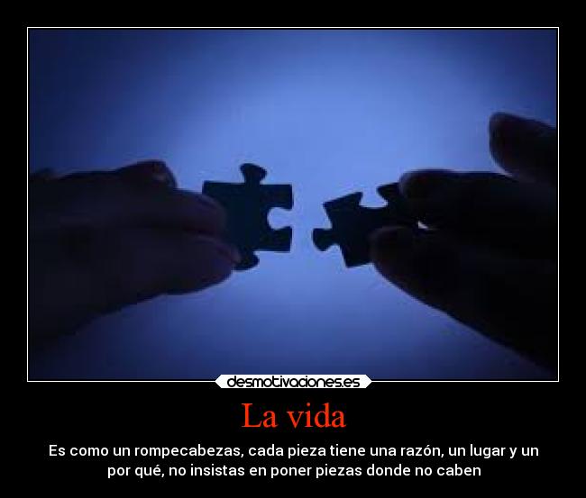 La vida - Es como un rompecabezas, cada pieza tiene una razón, un lugar y un
por qué, no insistas en poner piezas donde no caben
