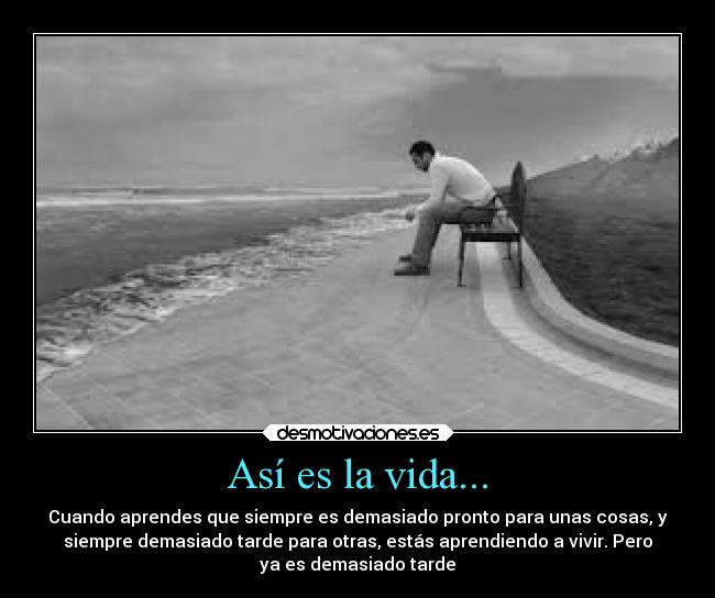 Así es la vida... - Cuando aprendes que siempre es demasiado pronto para unas cosas, y
siempre demasiado tarde para otras, estás aprendiendo a vivir. Pero
ya es demasiado tarde