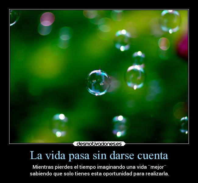 La vida pasa sin darse cuenta - Mientras pierdes el tiempo imaginando una vida ¨mejor¨
sabiendo que solo tienes esta oportunidad para realizarla.