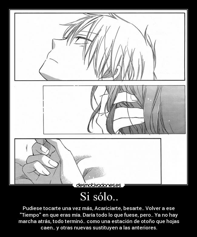 Si sólo.. - Pudiese tocarte una vez más, Acariciarte, besarte.. Volver a ese
Tiempo en que eras mía. Daría todo lo que fuese, pero.. Ya no hay
marcha atrás, todo terminó.. como una estación de otoño que hojas
caen.. y otras nuevas sustituyen a las anteriores.