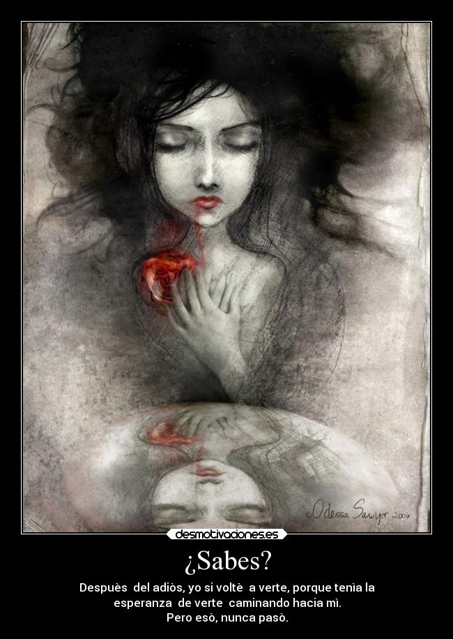 ¿Sabes? - Despuès del adiòs, yo si voltè a verte, porque tenìa la
esperanza de verte caminando hacia mì.
Pero esò, nunca pasò.
