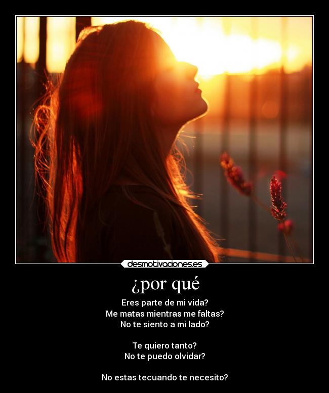 ¿por qué - Eres parte de mi vida?
Me matas mientras me faltas?
No te siento a mi lado?
Te quiero tanto?
No te puedo olvidar?
No estas tecuando te necesito?
