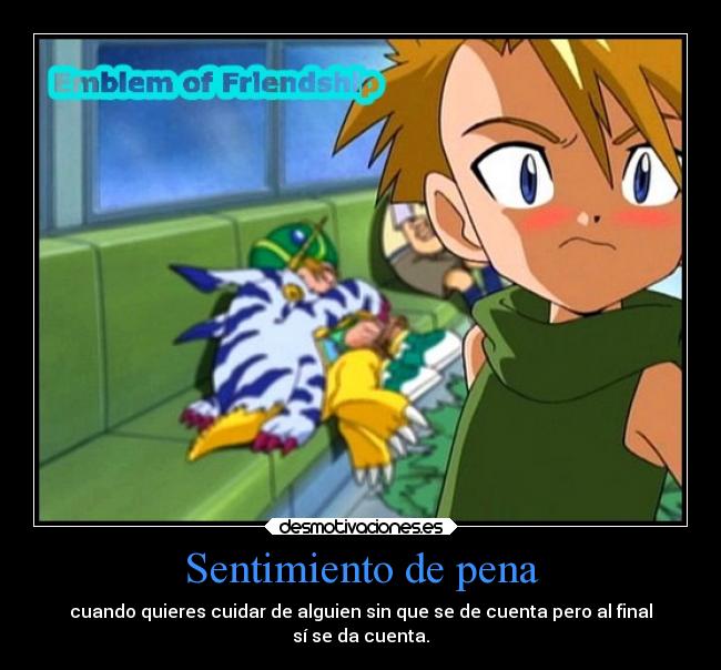 Sentimiento de pena - cuando quieres cuidar de alguien sin que se de cuenta pero al final
sí se da cuenta.