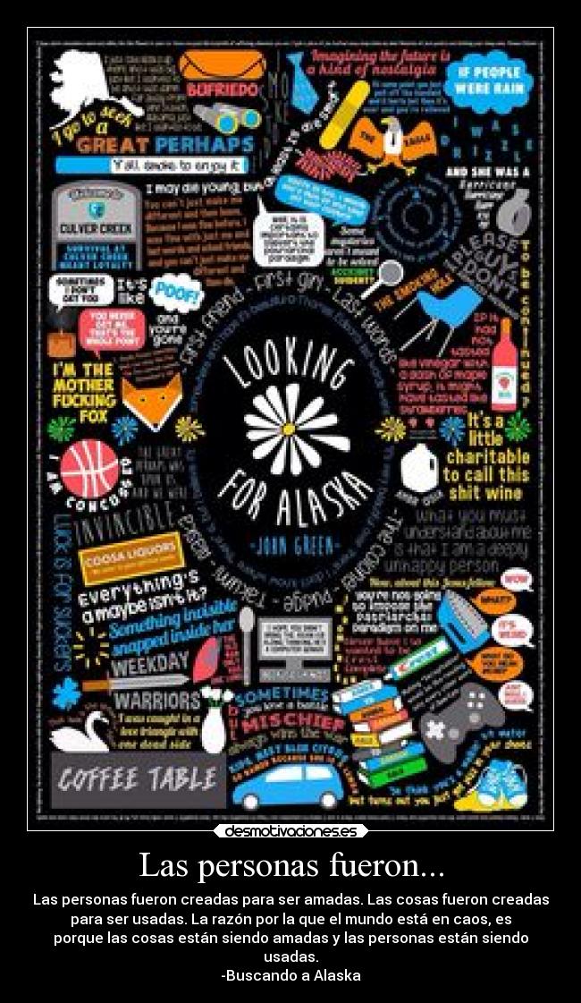Las personas fueron... - Las personas fueron creadas para ser amadas. Las cosas fueron creadas
para ser usadas. La razón por la que el mundo está en caos, es
porque las cosas están siendo amadas y las personas están siendo
usadas.
-Buscando a Alaska