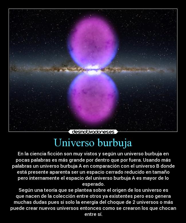 Universo burbuja - En la ciencia ficción son muy vistos y según un universo burbuja en
pocas palabras es más grande por dentro que por fuera. Usando más
palabras un universo burbuja A en comparación con el universo B donde
está presente aparenta ser un espacio cerrado reducido en tamaño
pero internamente el espacio del universo burbuja A es mayor de lo
esperado.
Según una teoría que se plantea sobre el origen de los universo es
que nacen de la colección entre otros ya existentes pero eso genera
muchas dudas pues si solo la energía del choque de 2 universos o más
puede crear nuevos universos entonces como se crearon los que chocan
entre sí.